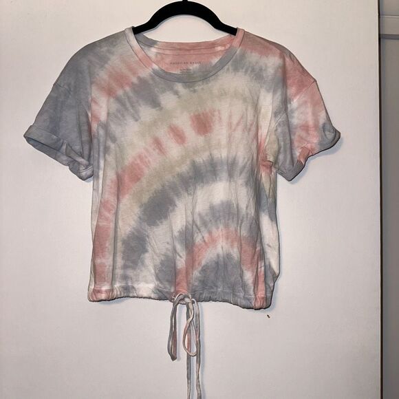 American Eagle Outfitters Tops - American Eagle Dreamy Pastel Pink Blue Tie Dye Cinch Waist Tee XS EUC